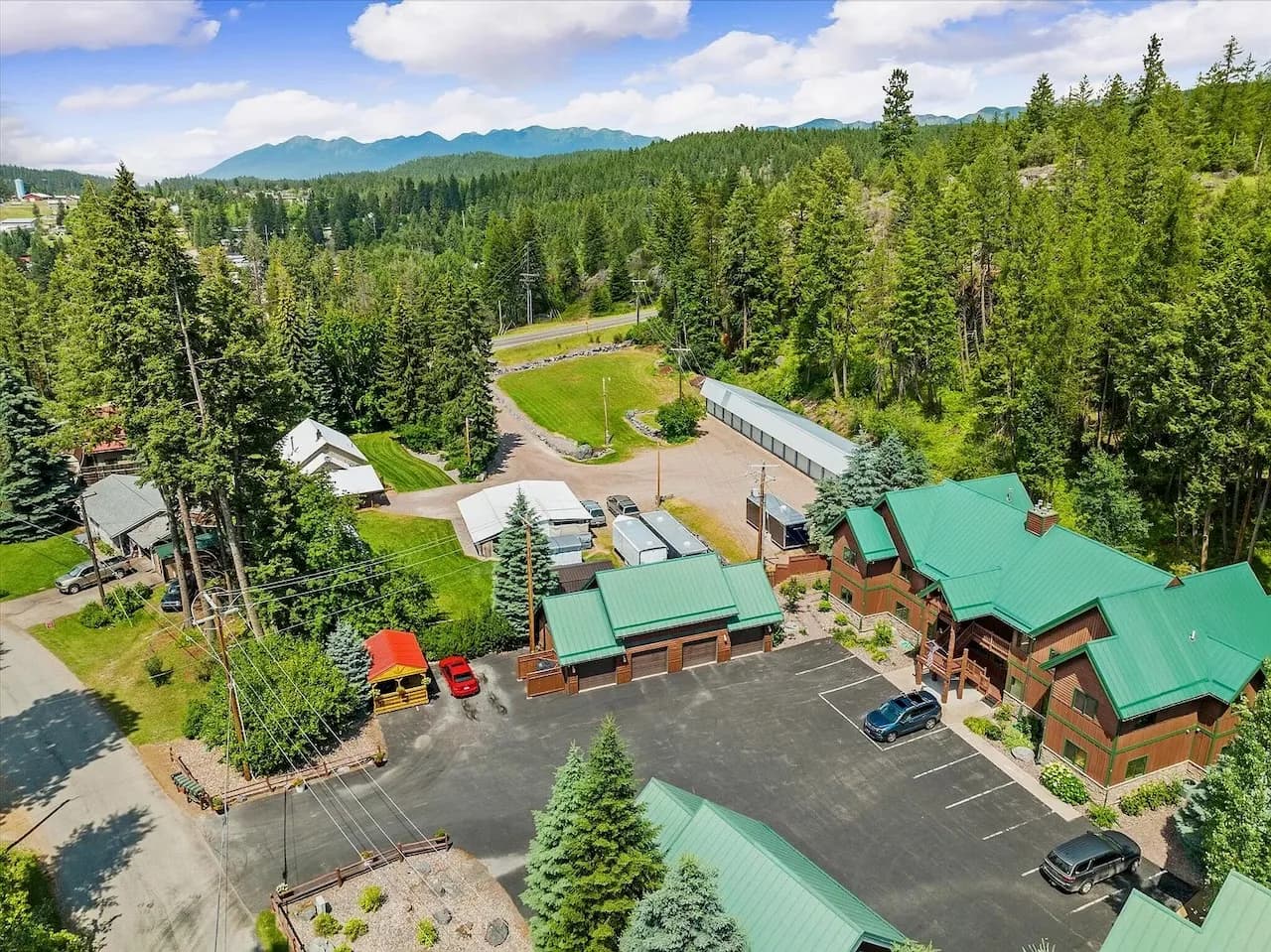Aerial view with mountain backdrop